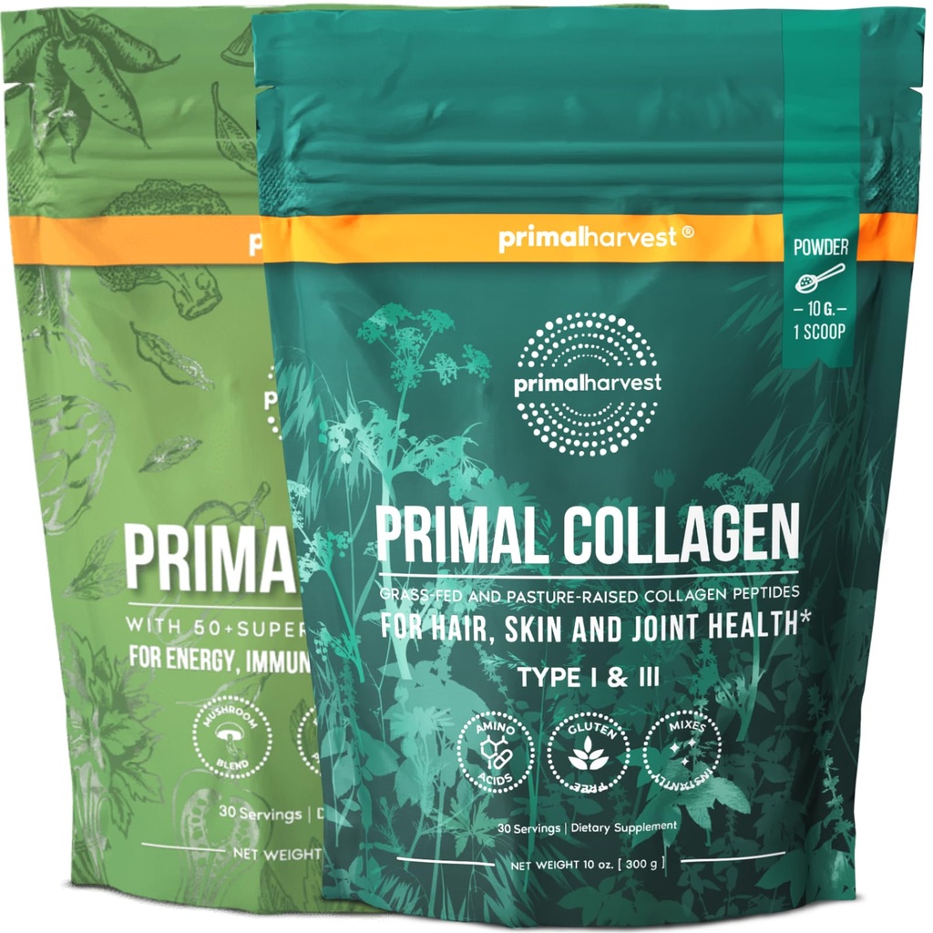 Primal Harvest Super Greens & Collagen Powder Supplements für Frauen und Männer Superfood Greens Pulver und Collagen Peptides Pulver für Haare, Haut und Nägel Bundle