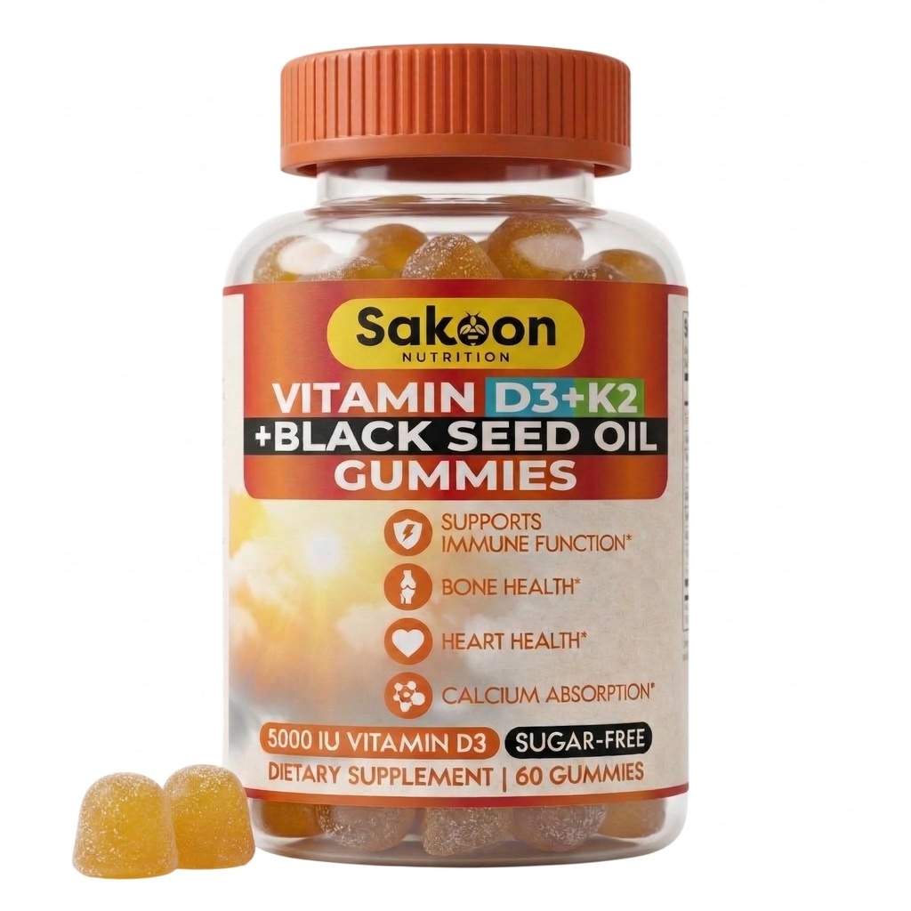 Sakoon Ernährung 5000 IU Vitamin D3 K2 Vitamin-Ergänzung mit schwarzem Samenöl für Knochen, Zähne, Muskel und Immunabwehr-Unterstützung, Non-GMO und Glutenfrei, 60 Gummy Chewables
