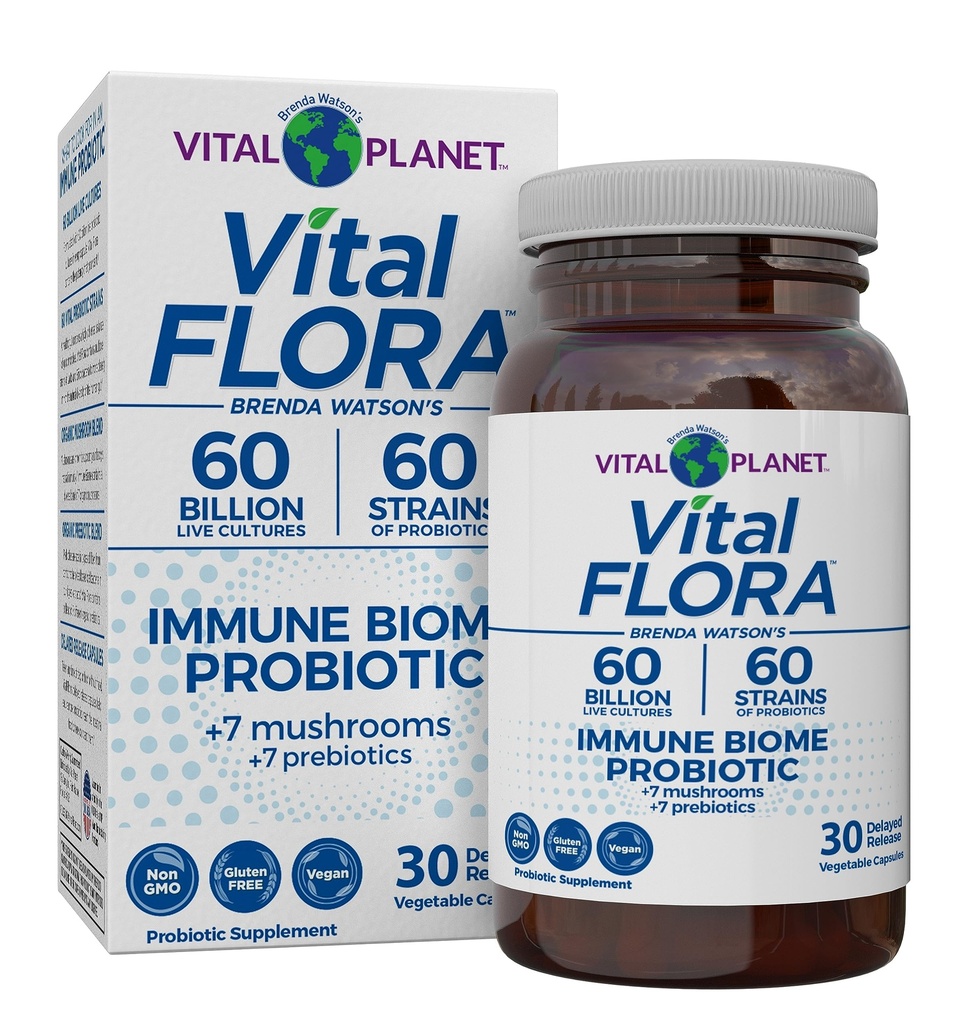 Vital Planet - Vital Flora Immune Support Probiotic, 60 Billion CFU, Diverse Strains, Organic Mushroom Supplement Blend mit Präbiotika, Digestive Health Probiotics für Frauen und Männer 30 Kapseln