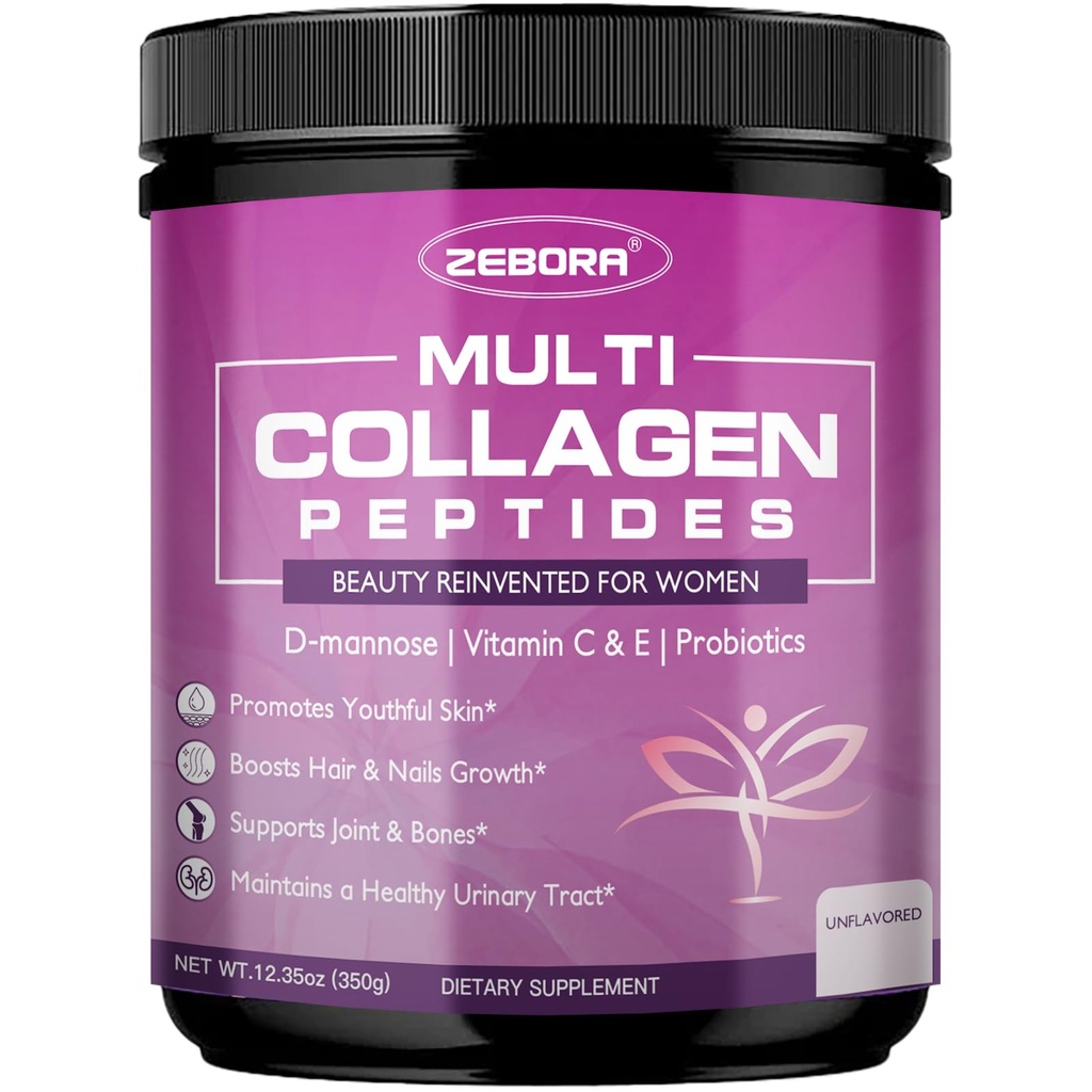 ZEBORA Multi-Kollagen-Pulver für Frauen – hydrolysierte Collagen-Peptide mit D-Mannose & Women's Probiotics – Unterstützt Haut, Haare, Nägel und Urinary Tract Health, Unflavored, 35 Servierungen