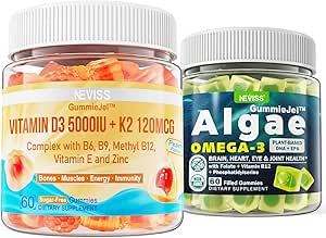 NEVISS Vitamin D3 5000IU + K2 (MK-7) 120mcg gefüllte Gummis + Vegan Omega 3 Gummis 1000mg