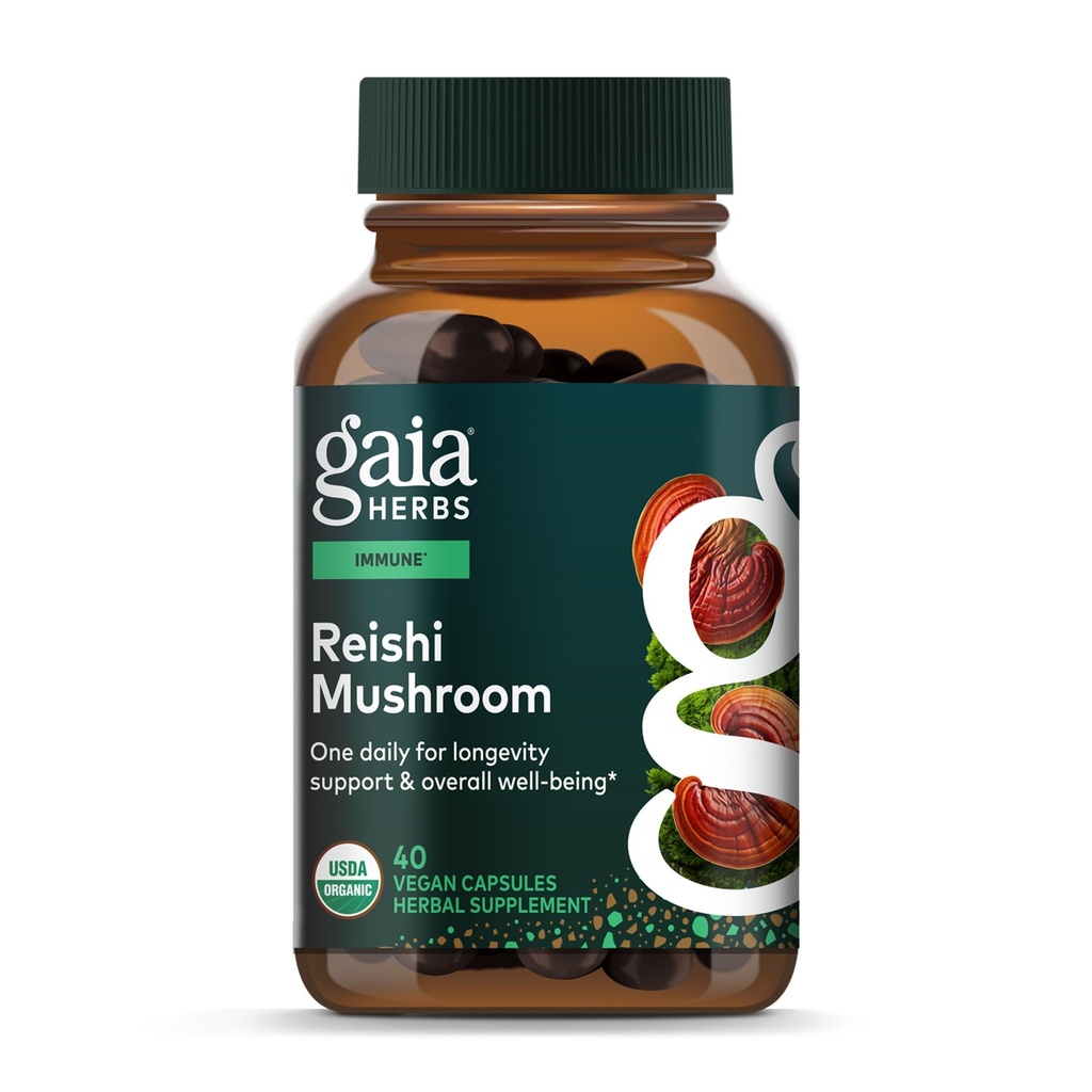 Gaia Herbs Reishi Mushroom - Traditionally Used to Support a Healthy Immune System & Heart Health - Adaptogen Herbal Supplement for Longevity Support* - 40 Vegan Capsules (40 Servings)