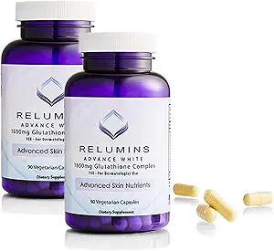 Paket von 2 Relumins Advance White 1650mg Glutathione Complex - 15x Dermatologic Formel mit erweiterten Hautnährstoffen- 2 Flaschen, 90 Kapseln Jede, 180 Gesamtkapseln