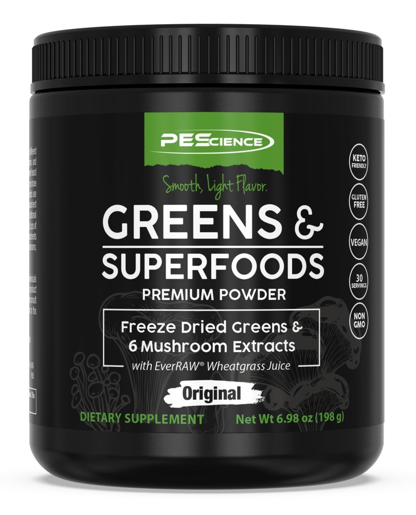 PEScience Greens Pulver Superfood mit natürlichem Chlorophyll, Reishi & Turkey Tail Mushroom Powders, Freeze-Dried Kale, Spinat, Broccoli Sprouts, Original Flavor, 30 Servietten