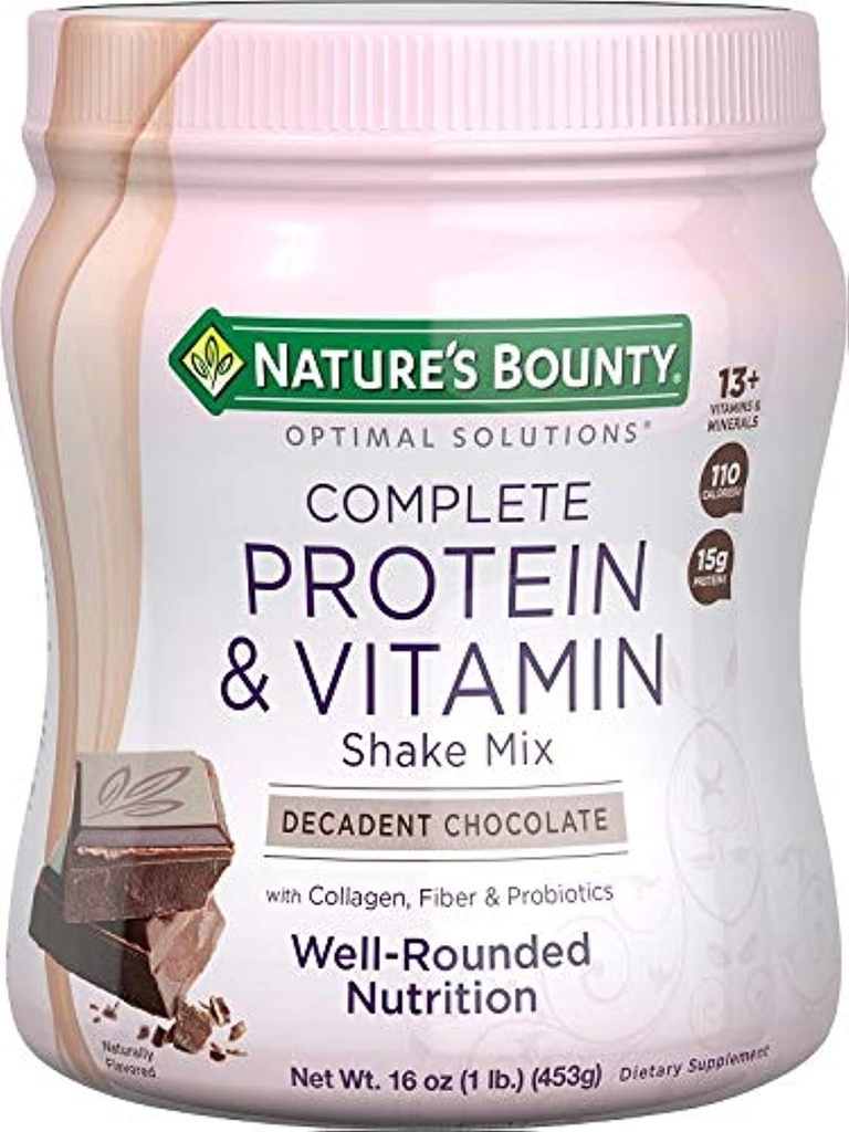 Complete Protein & Vitamin Shake Mix by Nature's Bounty Optimal Solutions, Contains Vitamin C for Immune Health, Decadent Chocolate Flavor, 1 lb