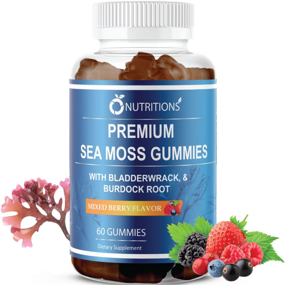 O NUTRITIONEN Premium Sea Moss Gummis Made with Irish Sea Moss, Burdock Root und Bladderwrack -Seamos Raw Alkaline Ergänzung