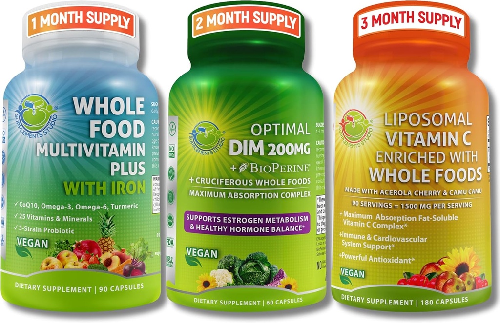SUPPLEMENTS STUDIO Hormon Balance Unterstützung & Immun Verteidigung Bundle für Männer & Frauen - Optimal DIM 200mg + Ganzes Essen Multivitamin mit Eisen + Liposoma Vitamin C 1500mg – Vegan, Non-GMO