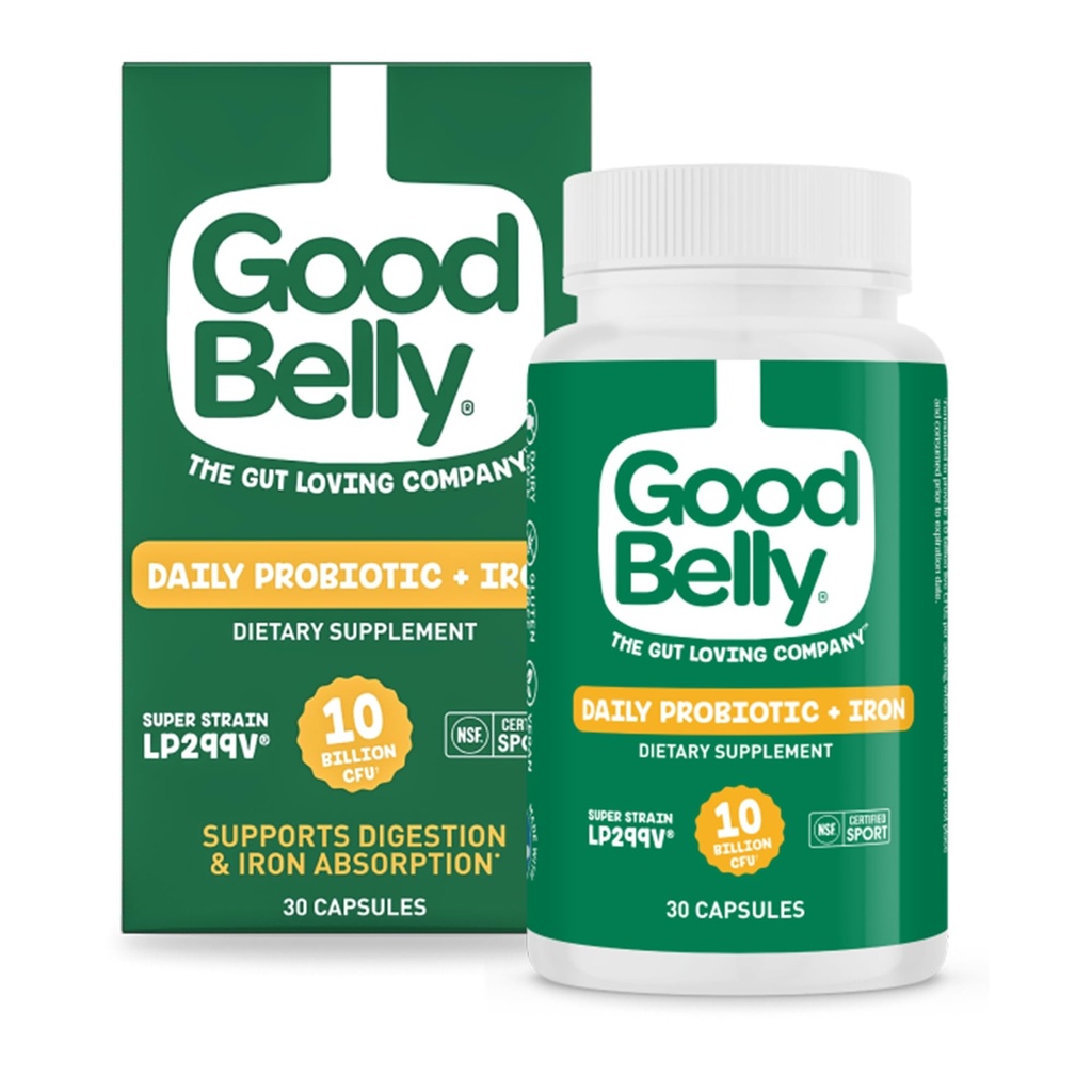GoodBelly Probiotic Capsules for Digestive Health & Iron Absorption | Vegan Probiotic Supplement mit 10 Billion Live Cultures | Probiotics for Women & Men | 30 Kapseln