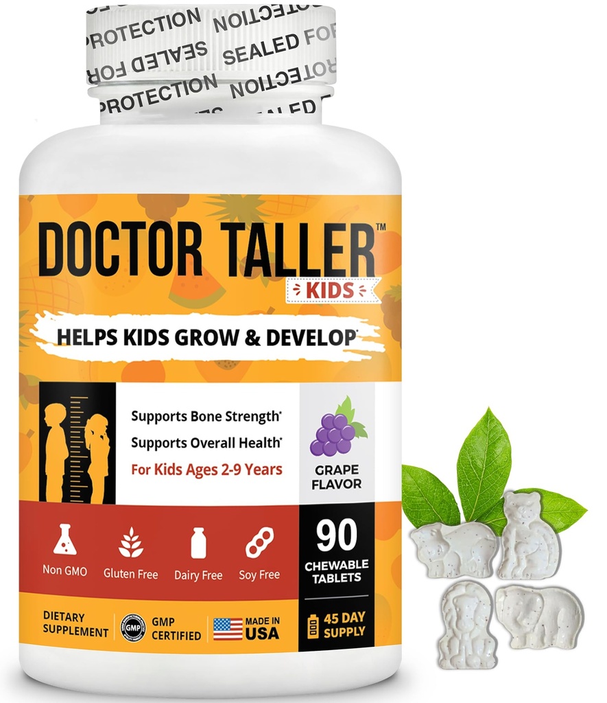 Doctor Taller Kids - Kinder Multivitamine, Kleinkind Vitamine - Unterstützung Knochenstärke, verbesserte Immunität mit Calcium, Multivitamine für Alter 2 bis 9 - Trauben Geschmack - 90 Kautabletten | 6 Wochen Versorgung