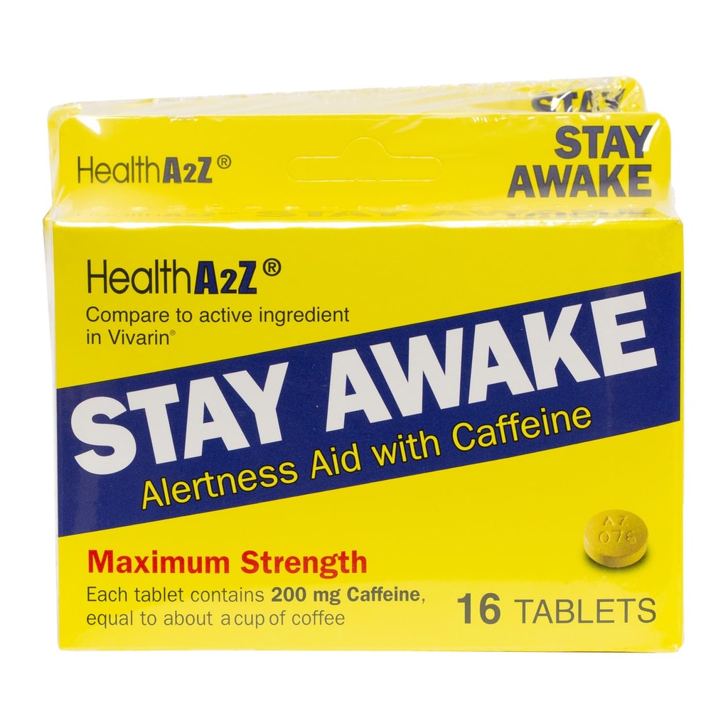 HealthA2Z® Stay Awake | 200 mg Koffein | Alertness Aid with Koffein | 3 Packungen mit 16 Tabelten (48 Tabletten insgesamt) | Maxium Strength