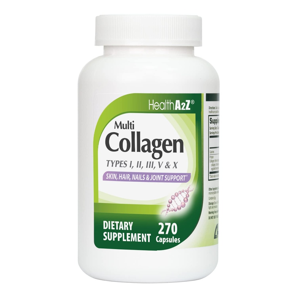 HealthA2Z® Multi Collagen Pillen | 1735 mg | 270 Collagen Kapseln | Typen I, II, III, V & X | für Gesunde Haut, Haare, Nägel & Gelenkunterstützung