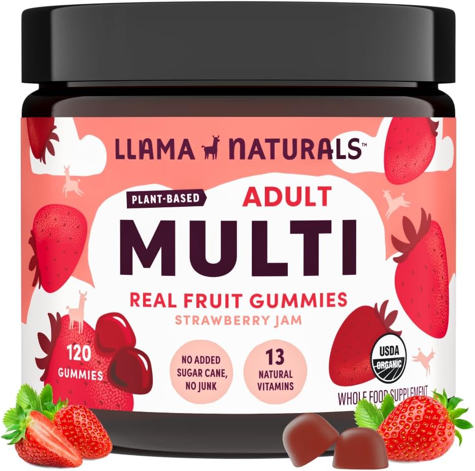 Llama Naturals Multivitamin für Damen und Herren, Vegan, Bio-Gummien mit Vitamin D, C & K, Erwachsene echte Frucht-Gummi-Vitamine, Kaubare Multivitamin-Ergänzung, keine hinzugefügt Zuckerrohr, Erdbeere, 120 Ct