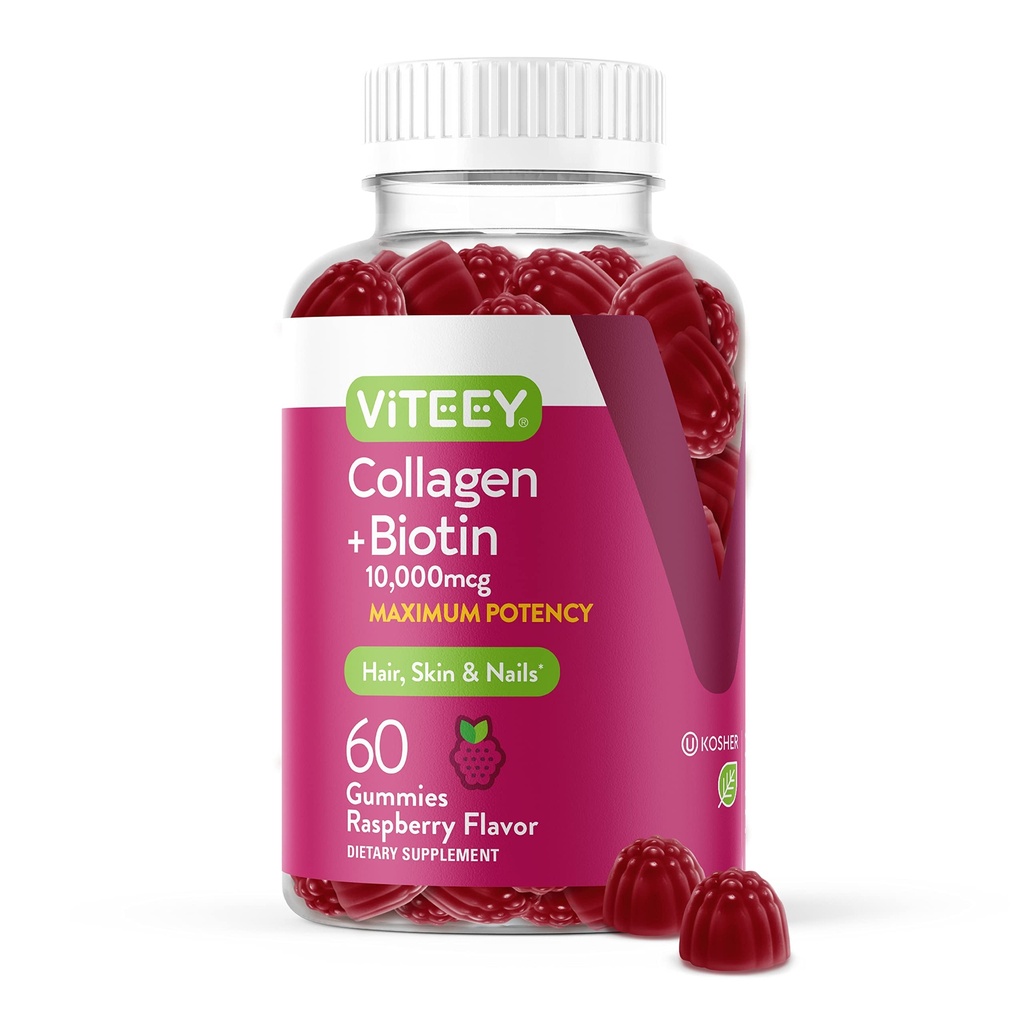 Viteey Collagen Gummis mit Biotin Gummis für Haarhaut und Nägel Vitamine - Biotin und Collagen Ergänzungen für Frauen & Männer - Vegan, Glutenfrei – 60 Count