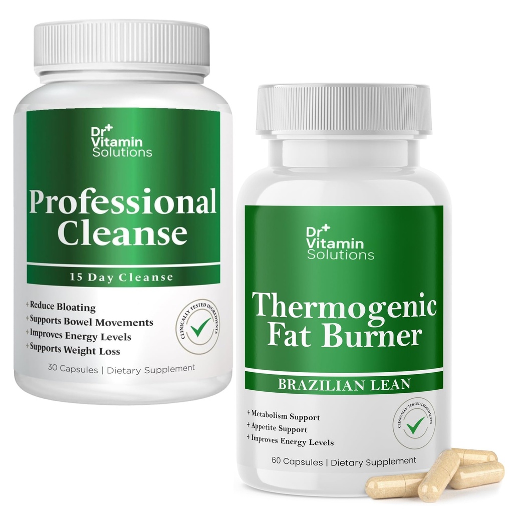 DR VITAMIN SOLUTIONS Professional Detox Cleanse and Thermogenic Fat Burner Bundle - 15 Tage Cleanse for Weight Management, Gut Health und Bloating Relief - 90 Caps