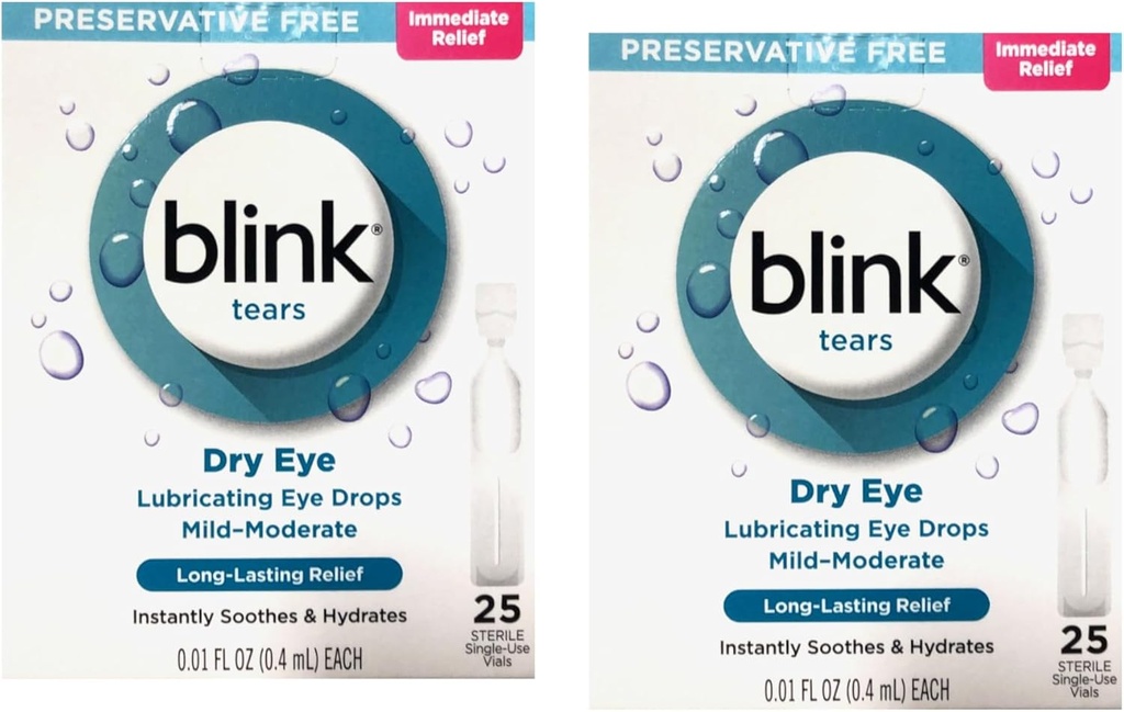 Blink Tears Konservativ Freischmierende Augentropfen, Sofortiges und Langlebiges Relief für trockene Augen, 25 sterile Single-Use Vials, 0,01 FL OZ (0,4 mL) Jede (Pack von 2)
