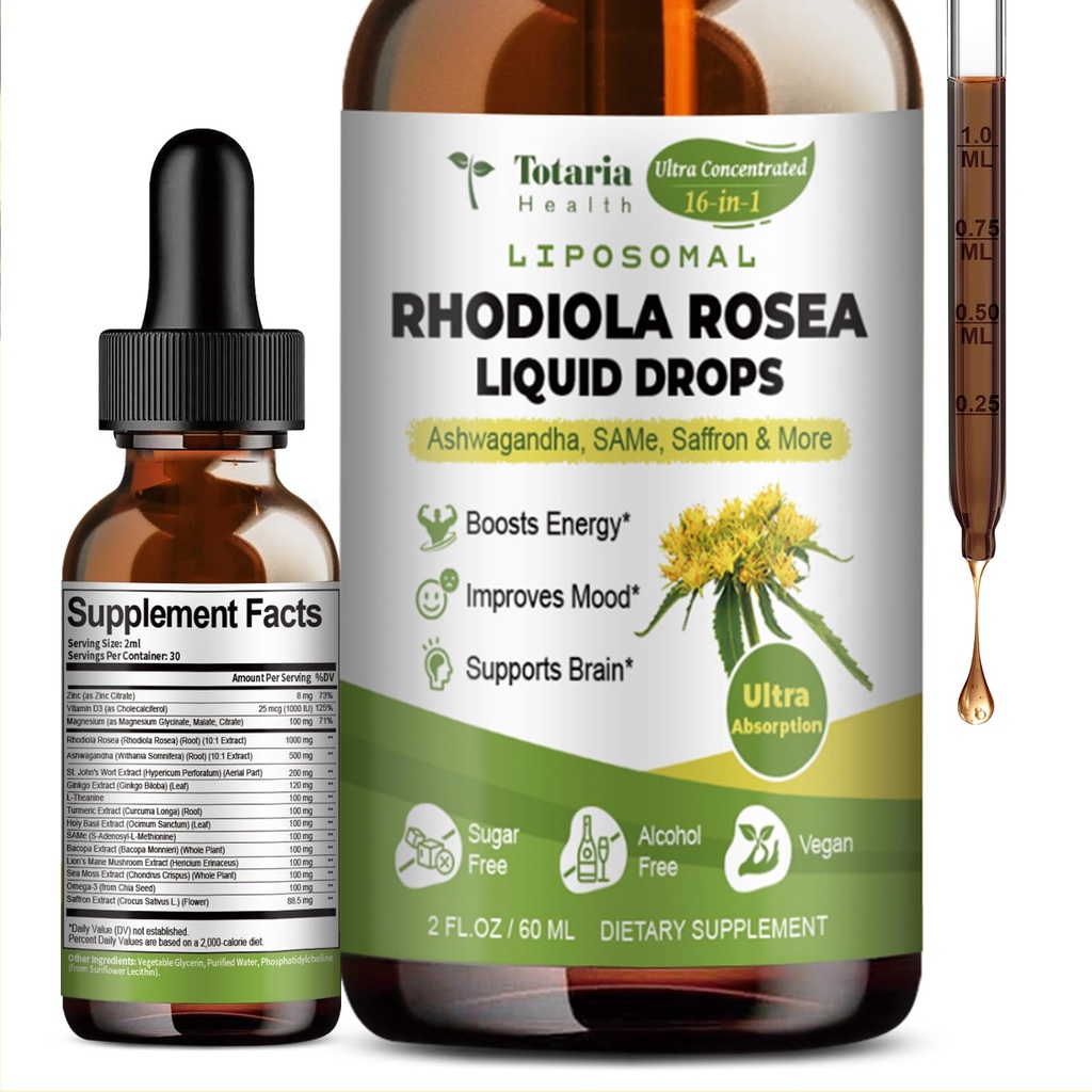 Totaria 16-in-1 Liposomal Rhodiola Rosea Tinktur, Ultra Strength Rhodiola Ergänzung w/Ashwagandha, Saffron, Magnesium, SAM-e, Rhodiola Rosea Extrakt Flüssigkeitstropfen für natürliche Entspannung, Stimmung, Energie