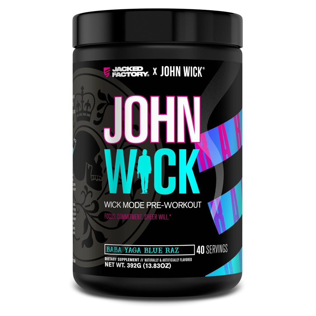 Jacked Factory X John Wick - Wick Mode Pre Workout Powder - Intense Energy, Battle-Ready Focus, Unstoppable Commitment, und Sheer Will - 40 Servierungen, Baba Yaga Blue Raz