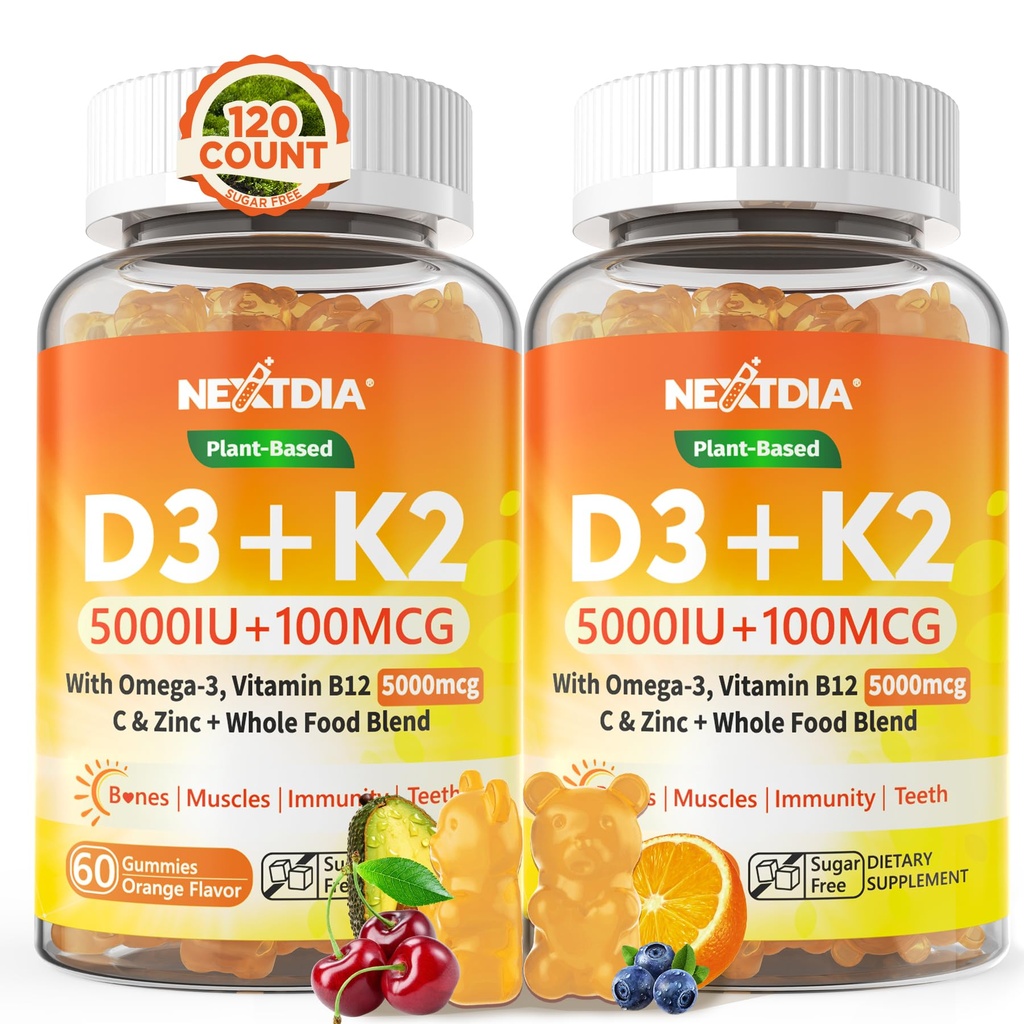 Vitamin D3 K2 Gummie 5000IU / 10.000 IU mit Omega-3 250mg + K2(MK-7) 100mcg - 5X Absorption Than Standard D3K2, mit Vitamin C, Zink, und 5 Bio-Gemüse,Unterstützungen Knochen & Zähne Stärke, Immune