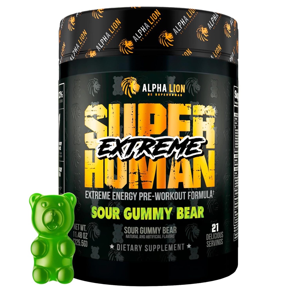 ALPHA LION Superhuman Extreme High Stim Pre Workout Powder, Beta Alanine, L-Taurine & 356mg Tri-Source Koffein für nachhaltige Energie, Nitric Oxide & Citrulline für Pumpe (21 Servings, Sour Gummy Bear)
