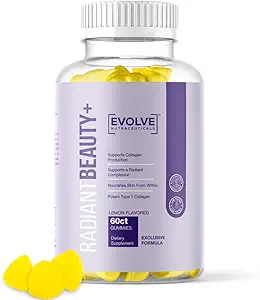 Radiant Beauty+ 200mg hydrolysierte Collagen Gummy, Haarhaut und Nägel, Biotin 2500mcg, Vitamin C, Vitamin E, Zitronentropfen Geschmack, 60 Count
