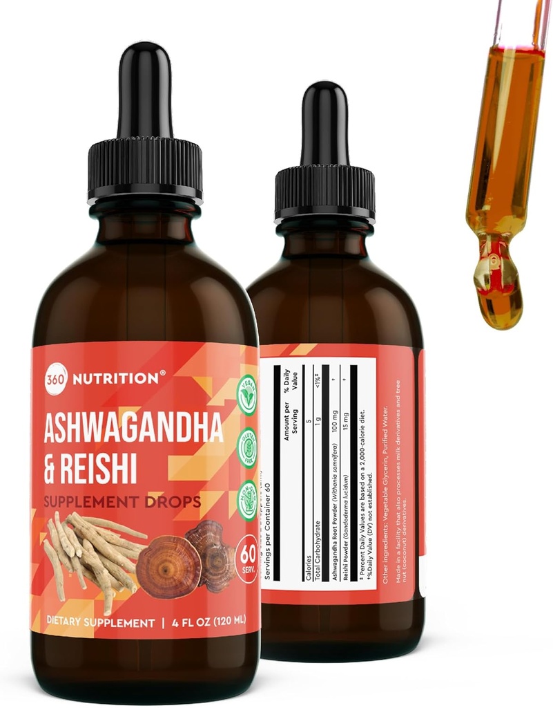 360 Nutrition Ashwagandha & Reishi Root Supplement Tropfen für Stressentlastung, Stamina & Langlebigkeit, und Energieunterstützung - Vegan Non-GMO Adaptogenic - 4 fl oz, 60 Portionen