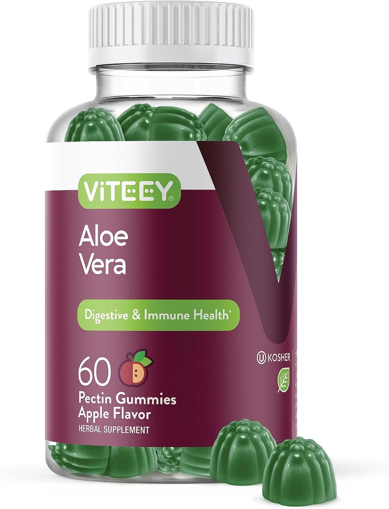 Viteey Aloe Vera Gummi für Erwachsene - 50mg - Aids in Verdauung und Immune Gesundheit - Aloe Vera Supplement - Vegan, Gelatin frei, Glutenfrei, GMO kostenlos, Tasty Chewable Raspberry Flavored Gummy