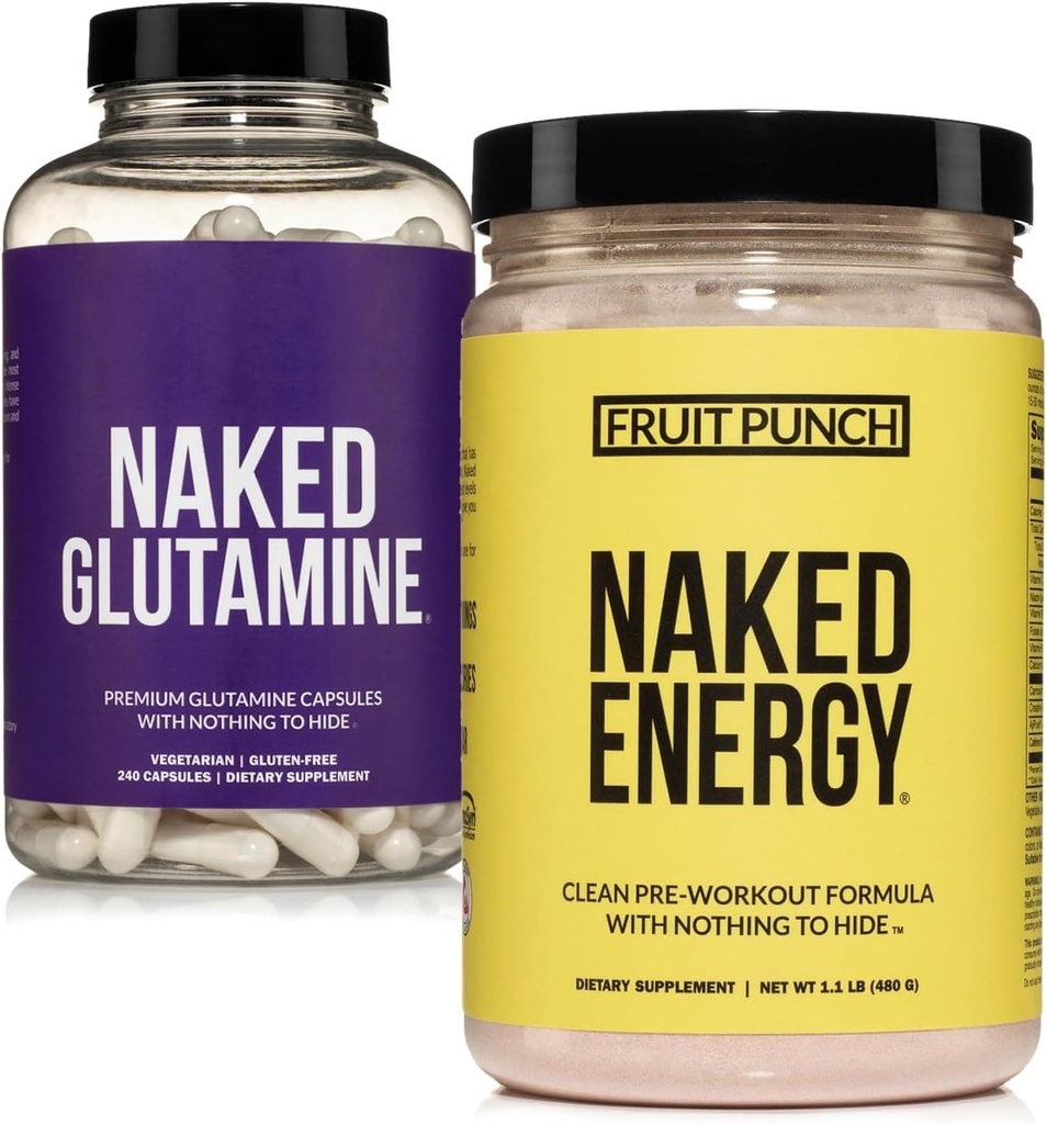 NAKED Vegan Energizing Muscle Recovery Bundle Fruit Punch Energy und 240 L-Glutamin Kapseln, 1000mg