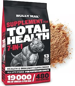 Bully Max 7-in-1 Hunde-Multivitamin-Pulver mit Omega 3, 6, Glucosamin & Chondroitin für Immunsystem, Verdauungs- & Gelenkgesundheit - Lebensmittel Topper, Vitamine & Ergänzungen für Welpen & Erwachsene Hunde, 13Oz Tasche