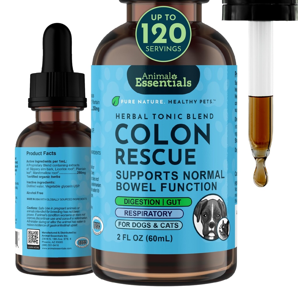 Animal Essentials Colon Rescue - Dog Stool Softener, Bio Slippery Elm Bark, Fast Acting Anti Diarrhea Flüssigkeitstropfen für Hunde & Katzen, Natürliche Verbrauchshilfe Ergänzung für Haustiere - 2 fl oz
