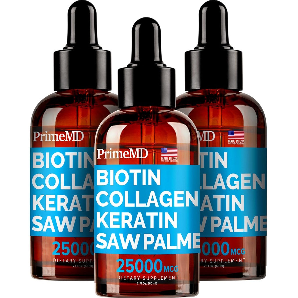 PrimeMD 4-in-1 flüssiges Biotin Collagen Keratin Saw Palmetto Tropfen (3 Packung) Bundle - 25000mcg Haarnägel und Haut Vitamine für Frauen & Männer - 2 Fl Oz Jeder, Wassermelonen Geschmack, Glutenfrei, Non-GMO