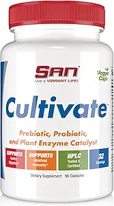 SAN's Cultivate Prebiotic-Probiotic, Multi-Strain Probiotics & Synergistic Prebiotics mit Verdauungsenzymen - Entwickelt für Verdauungs-Gesundheit, Unterstützung Gut Microbiome - für Frauen & Männer, 96 Kapseln