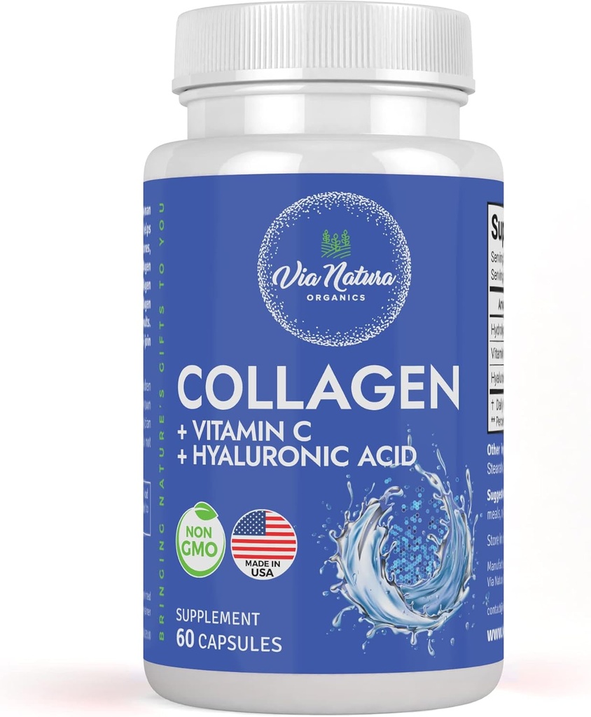 Collagen + Vitamin C + Hyaluronsäure | Hydrolisiertes Peptid | Speziell formuliert für Frauen | Typ I, II und III | 60 Kapseln