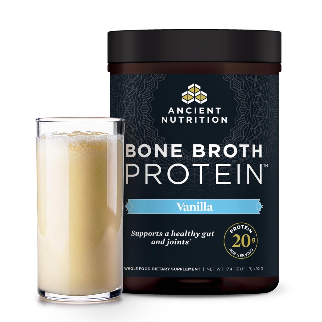 Ancient Nutrition Grass Fed, Cage Free, Knochen Broth Protein Powder, 20g Protein, Hydrolysed Collagen Peptides, Keto & Paleo Friendly, Unterstützt Joint, Gut Health, Vanilla, 20 Portionen