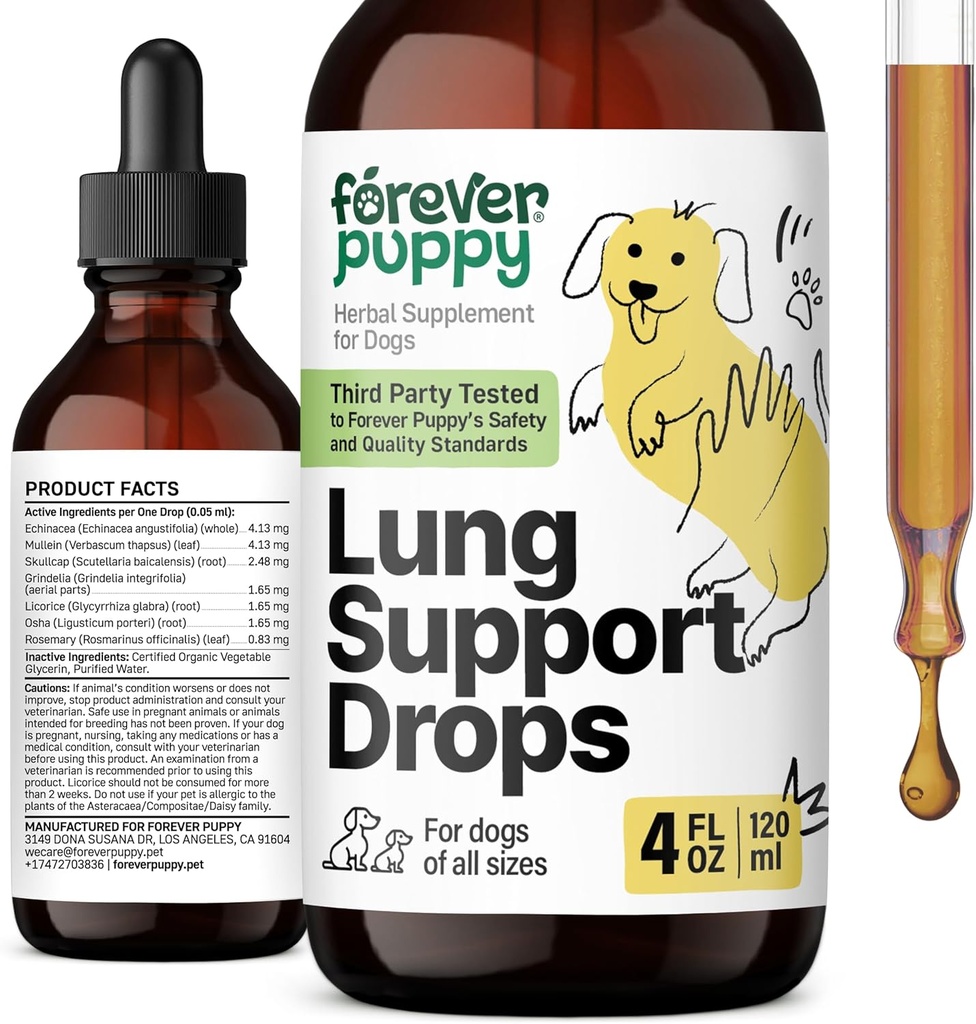 Forever Puppy Lung Support Drops für Hunde - Respiratory Health Supplements - Mullein Leaf & Echinacea Kräuter für Lunge - Liquid Dog Vitamins and Supplements - Zucker & Alkoholfreie Tinktur - 4 fl oz