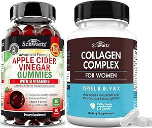 BioSchwartz ACV Apfel Apfel Apfelessig-Gummien mit B Komplexe Vitamine (3 Monate Versorgung) Plus hydrolysierte Collagen Peptide Kapseln (45 Tage Versorgung)