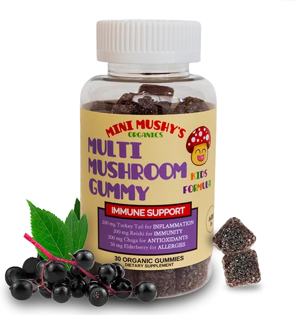 Mini Mushy's Organic Immune Support Daily Gummies | Turkey Tail, Reishi, Chaga Pilze, Elderberry | für Kinder Alter 2+ Natürliche Farbe, Allergy Friendly, Low Sugar | Erdbeeren Flavor - 30 Count
