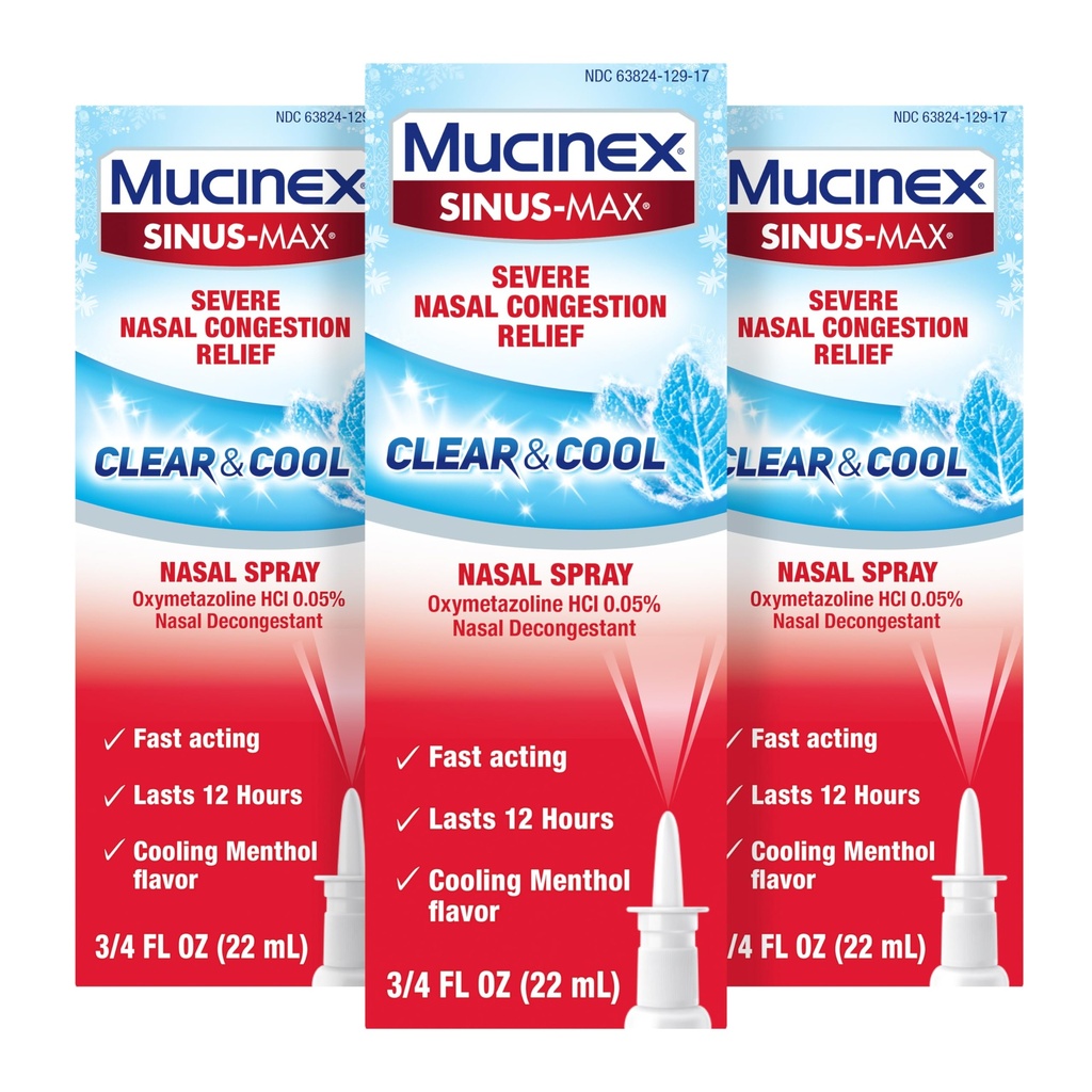 Mucinex Sinus-Max Nasal Spray Decongestant, 12 Stunden Over-The-Counter Medication Nose Spray für Sinus Relief, Nasal Decongestants für Erwachsene, Cooling Menthol, 0.75 Fl Oz (Pack von 3)