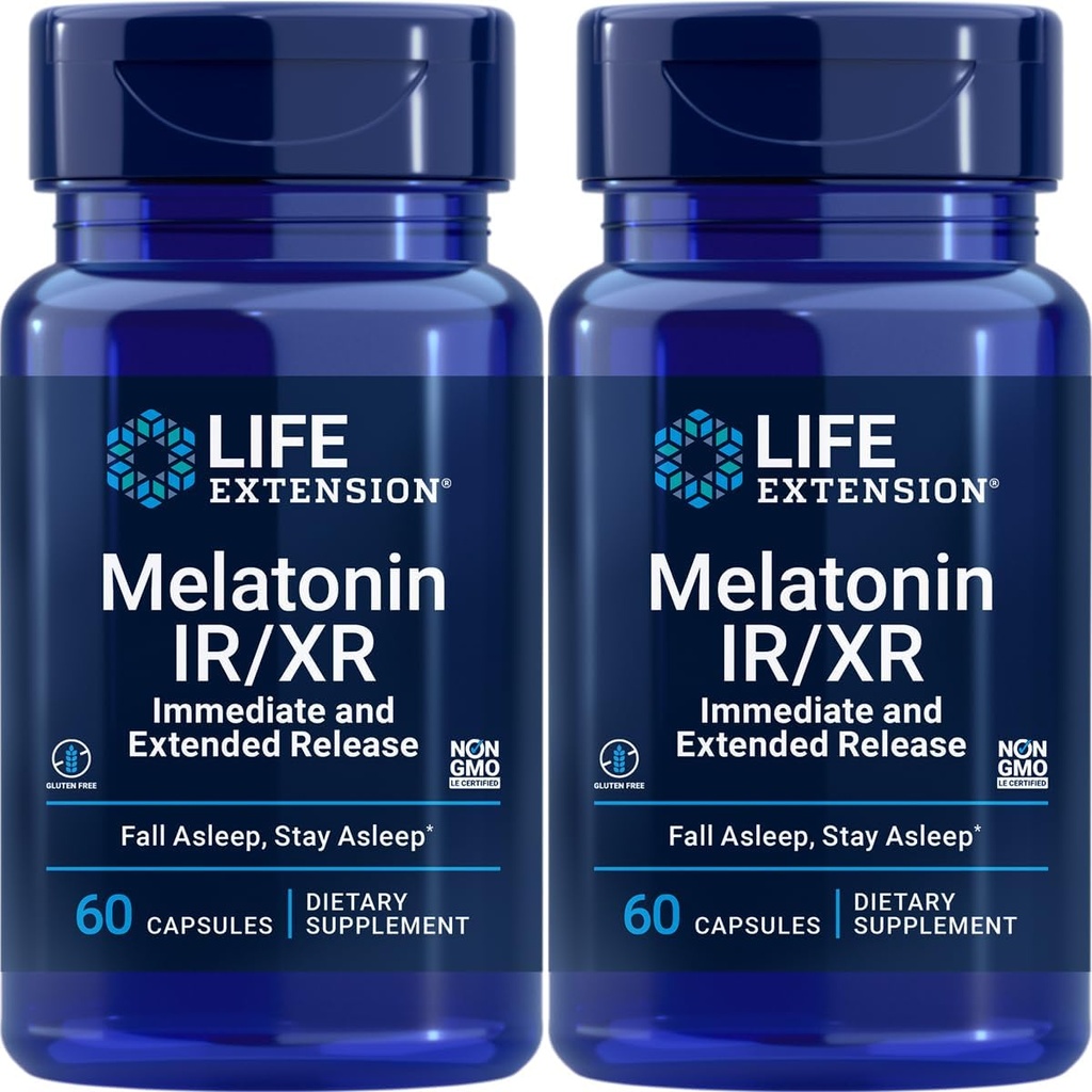 Life Extension Melatonin IR/XR, 1,5 mg, Sofort- und Extended-Release-Formel für optimale Schlafunterstützung, Gesunde circadian Rhythmen, Zelluläre Verteidigung, Glutenfrei, Non-GMO, 2 X 60 Kapseln