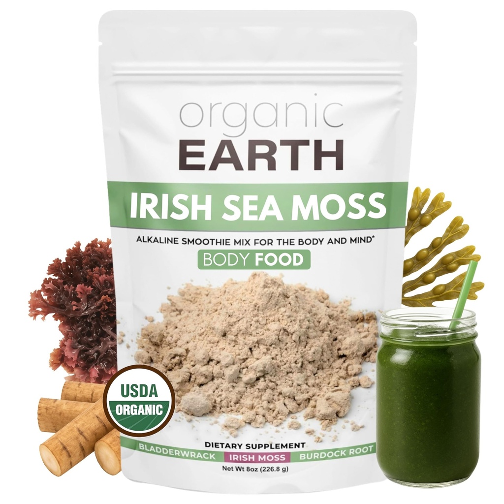 Organic Earth Irish Sea Moss Powder 8oz - Wildcrafted Sea Moss Organic with Bladderwrack & Burdock Root Powder - Schilddrüse, Verdauungsunterstützung & Gesunde Haut - USDA Certified Organic