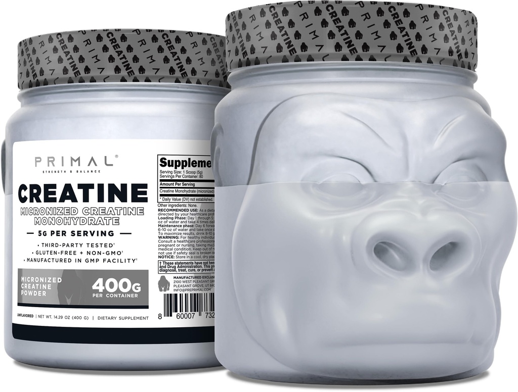 Primal Creatine Monohydrate Pulver (400 Gramm) | Unflavored Micronized Creatine Muscle Development Supplement for Pre-Workout & Recovery | 5g Creatine Monohydrat per Serving