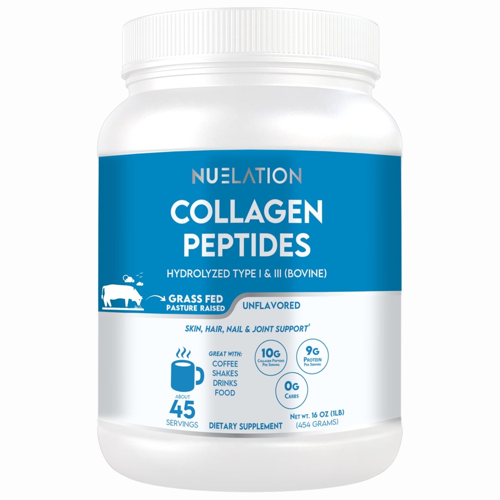 Unflavored Grass-Fed Collagen Peptides Protein Powder 1LB, 45 Servierungen. Typ 1 & 3 Hydrolyzed Bovine Collagen für Frauen und Männer. 10g Collagen Powder & 9g Protein Pro Servieren für Haut, Haar, Nagelunterstützung