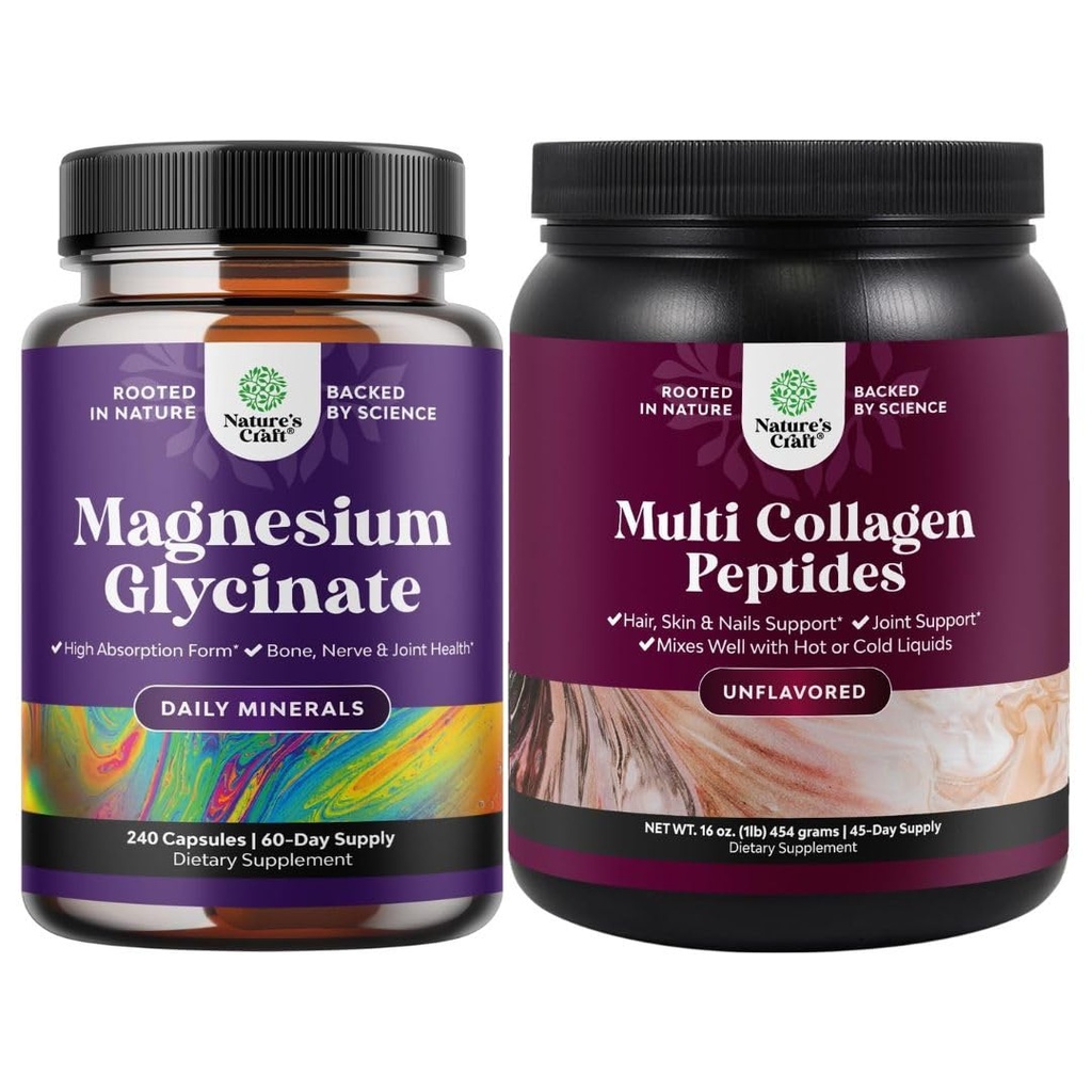 Bundle of High Absorption Magnesium Glycinate Kapseln für die Berechnung Schlaf Plus Muskel Knochen & Nerve Unterstützung und Multi Collagen Protein Pulver für Frauen und Männer - Haar Haut und Nägel Vitamine