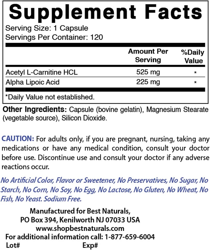 Best Naturals Acetyl L-Carnitine and Alpha Lipoic Acid 750 mg & B-100 Complex