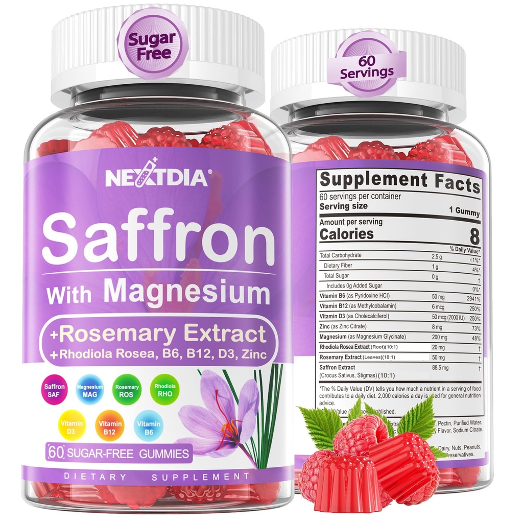 Safran mit Magnesium-Glycinat-Gummien, 2 Monate Versorgung -Sugar Free Magnesium 400/200mg w/Saffron,Rhodiola,Rosemary, B6,B12,D3 für S-Leep, Calm,Focus, Relax, Nerve, Melatonin Free Gummies