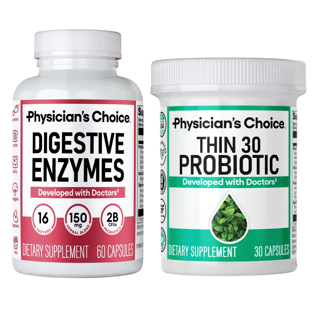 Physician's CHOICE - Beat Bloat + Support Weight Management Bundle: Verdauungsenzyme + Thin-30 Probiotic