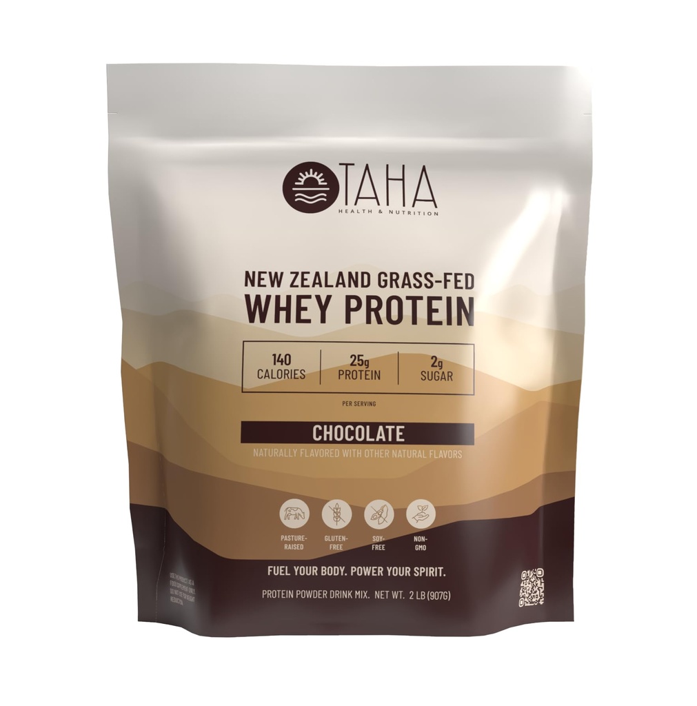 Taha Health & Nutrition Chocolate Flavored Whey Protein Konzentrat Pulver, 25g Protein, 140 Kalorien, 2g Zucker | Neuseeland Gras-Fed, Free-Range Dairy | Gluten und Soy Free, Keto, Kosher | 2LB