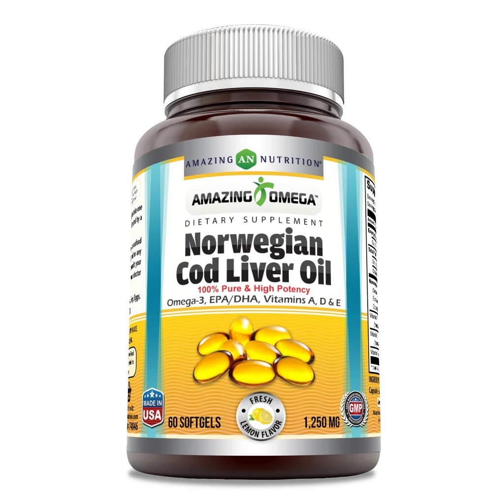 Erstaunlich Omega Norwegian Cod Liver Oil 1250 Mg Softgels Ergänzung | Omega-3, EPA, DHA, Vitamin A, Vitamin D & Vitamin E (Lemon | 60 Count)