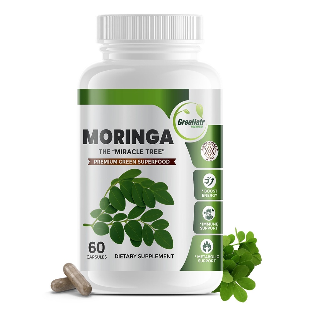 Pure Moringa Oleifera Green Superfood Kapseln mit Vitamin C, Omega 3 & Aminosäuren - Boosts Energy, Mood, Memory, Immununterstützung - Hergestellt aus Bio Moringa, Non-GMO - 60 Kapseln (1 Flasche)
