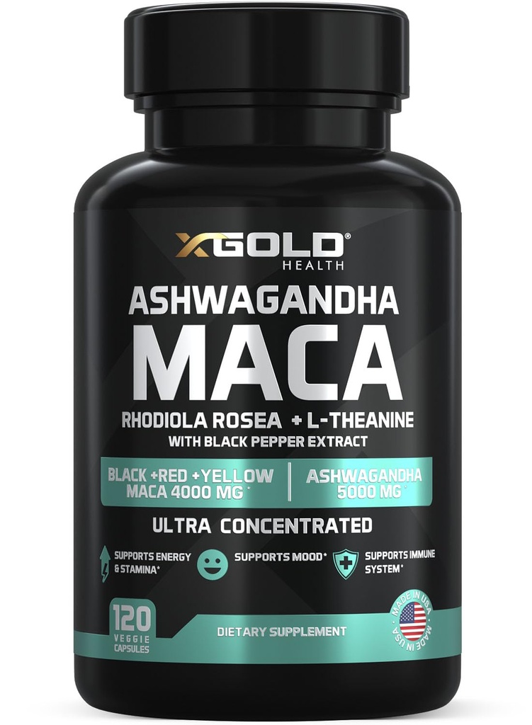 Ashwagandha 5,000mg + Maca Root Black, Red, Yellow 4,000mg, Rhodiola & L-Theanine: 30:1 Extract Ashwagandha Capsules, 20:1 Extract Maca Root Capsules - Supplement for Men and Women