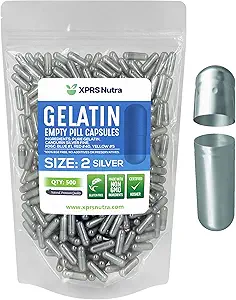 XPRS Nutra Größe 2 Leere Kapseln - 500 Graf Leere Gelatine Kapseln - Pillen DIY Kapsel Füllung - Pure Bovine Pille Gel Kapseln für Do-It-Yourself Ergänzungen (Silber)
